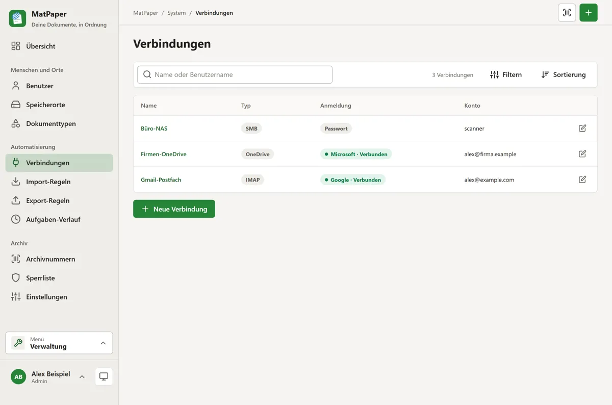 MatPaper: Verbindungen zu NAS, Postfach und Cloud-Laufwerk
