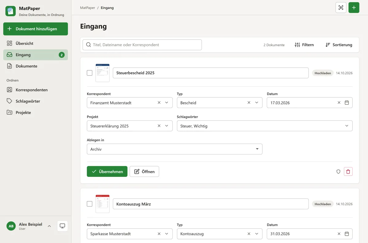 MatPaper: Posteingang mit neuen Dokumenten