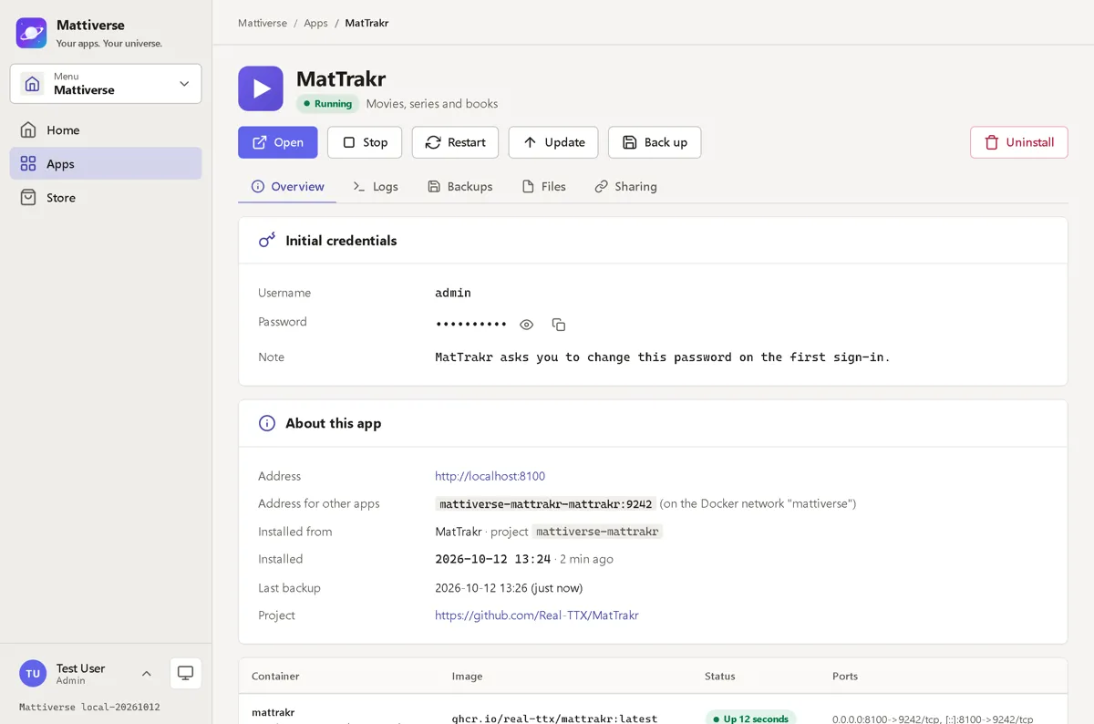 Mattiverse: Detailseite einer App mit Zugangsdaten, Containern und Aktionen